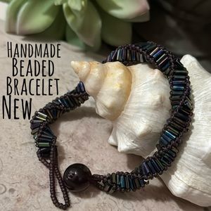 New Handmade Beaded Bracelet-Iridescent Seed Beads-Twisted Ladder Pattern-Purple